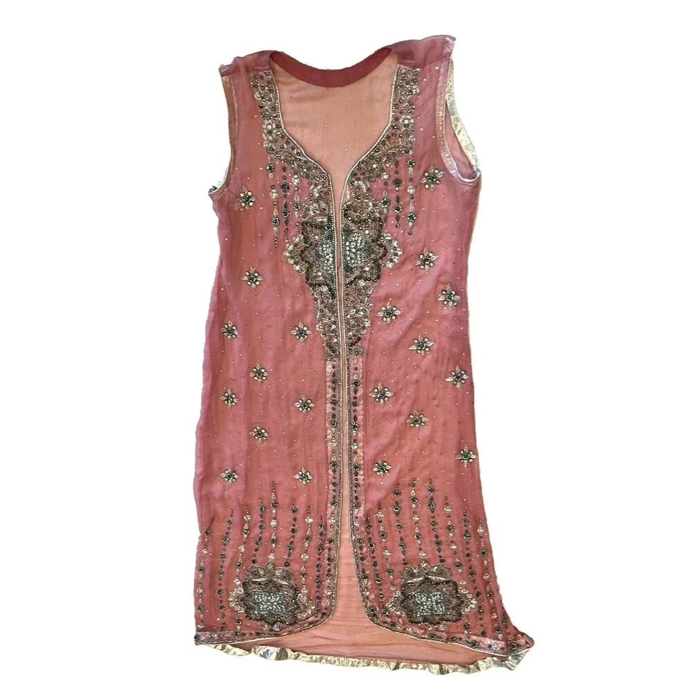 Handmade Pink Sheer Open Front Duster Vest Maxi – Heavy Jewel &  Bead Embroidery